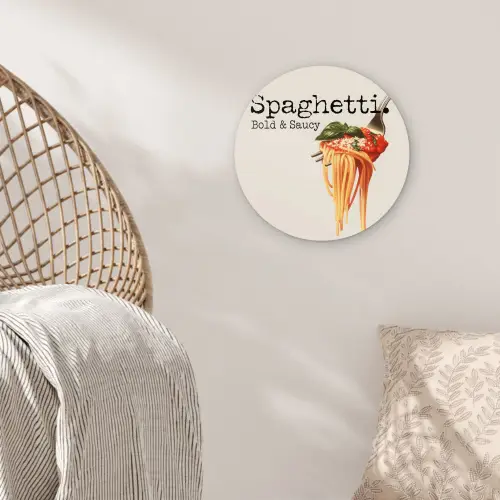 Spaghetti - tomatensaus - Parmezaanse kaas Wandcirkel kunststof plaat 5mm dik klein -sfeer5