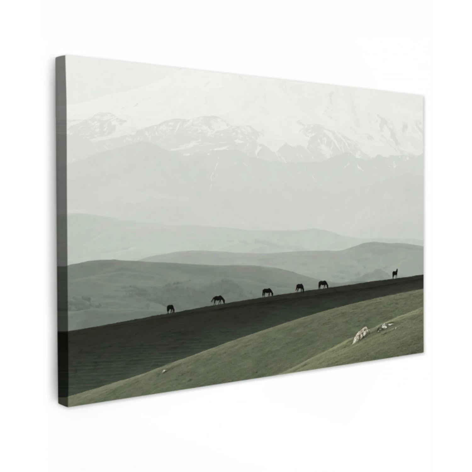 Grijs - Berg - Paarden Tuinposter op houten frame 2 cm dik klein -3d