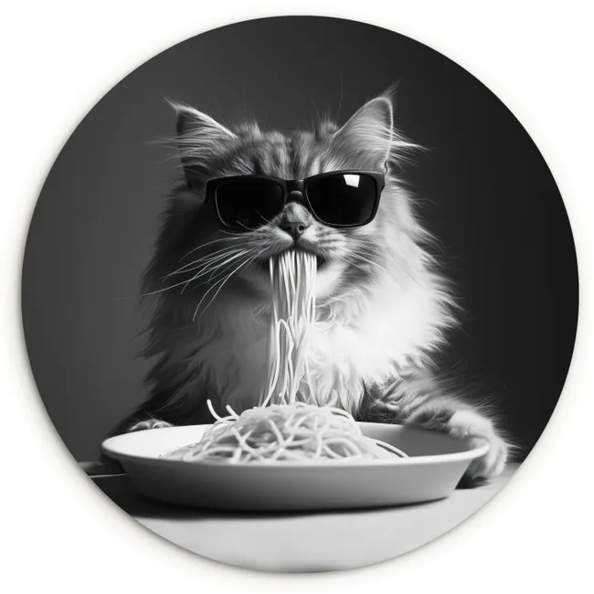 Muurcirkel - Langharige kat - Zonnebril - Spaghetti - Humor - Zwart - wit