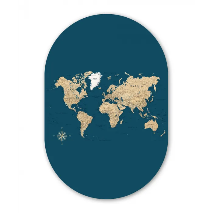 Wereldkaart - Donkerblauw - Beige Wandcirkel Ovaal Glas middel -3d