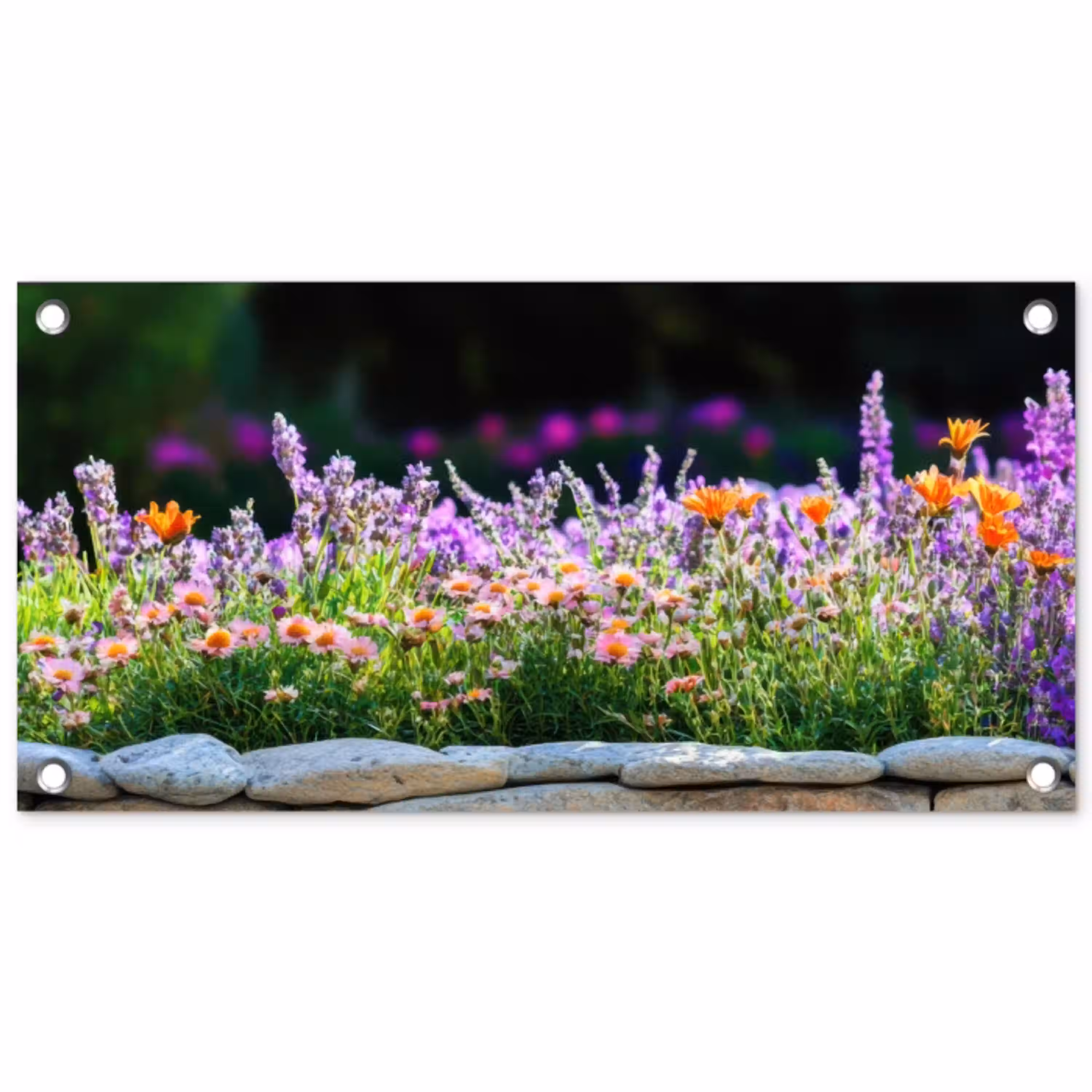 Bloemen - Steenrand - Kleurrijk tuinposter los doek klein -3d