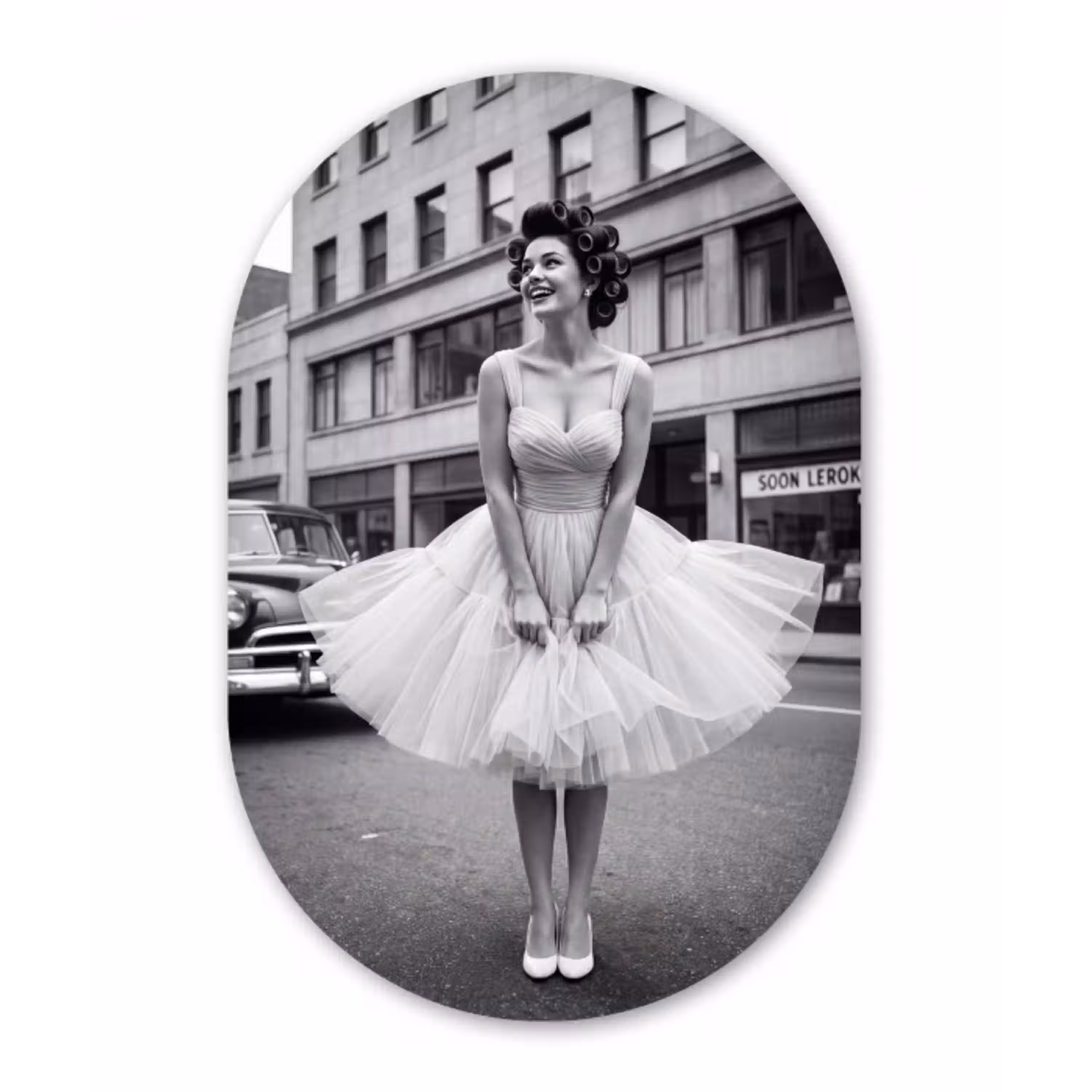 Retro - Vrouw - Zwart - Wit Wandcirkel Ovaal Aluminium middel -3d