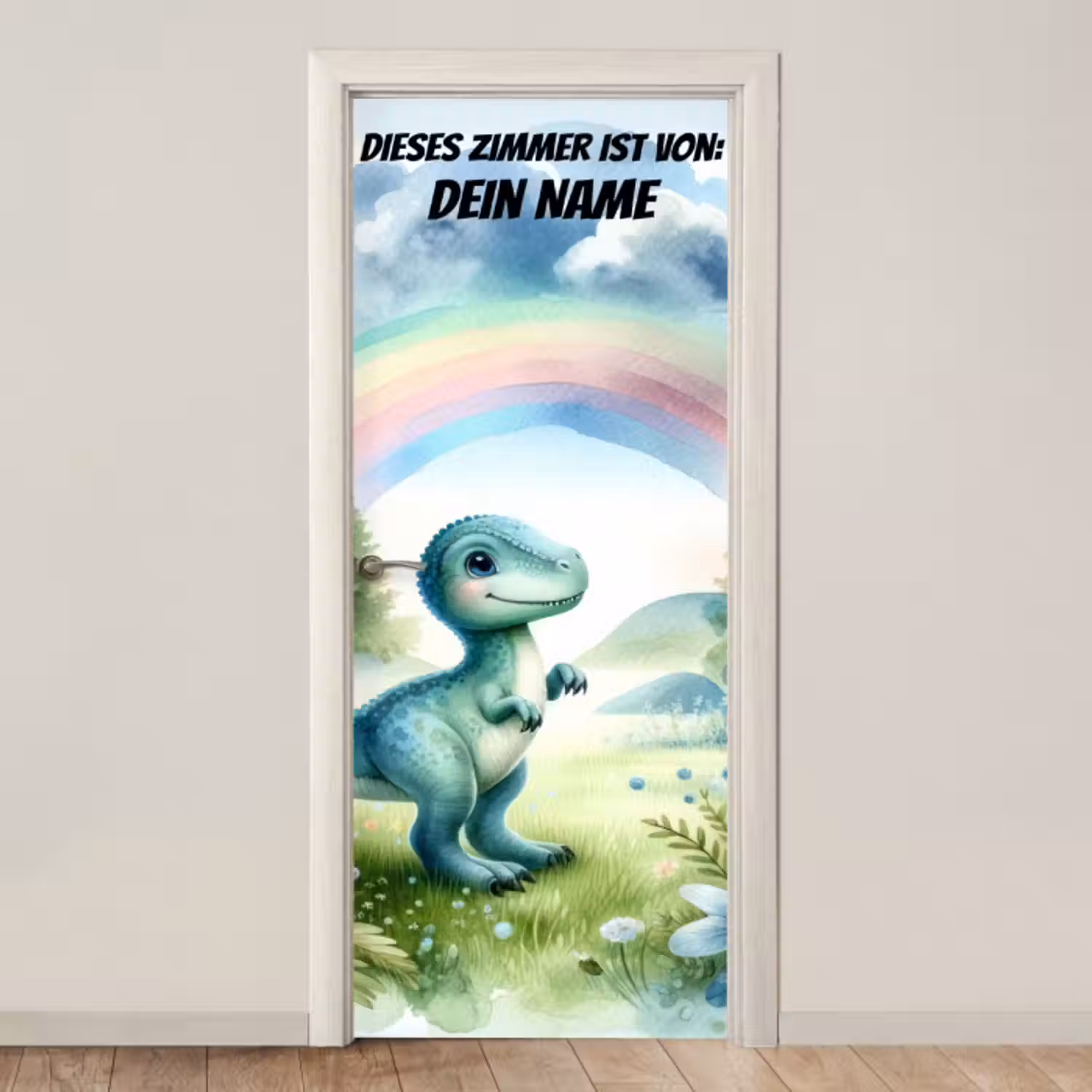 Türtapete mit Name - Niedlicher Dinosaurier unter Regenbogen.