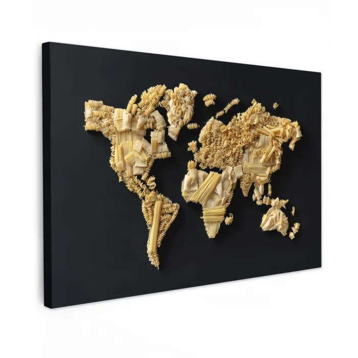 Wereldkaart - Pasta - Zwart Tuinposter op houten frame 2 cm dik klein -3d