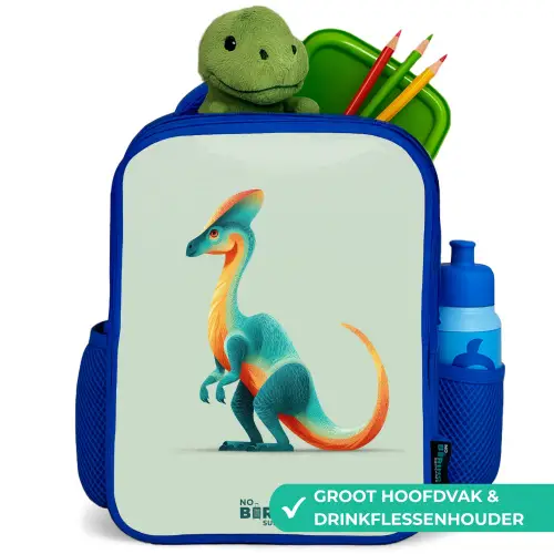 Elegante dino met kam Kinderrugzak - Blauw middel -inhoud_NL
