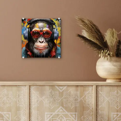 Chimpansee - Aap - dieren - Graffiti - Bril - Koptelefoon - Kleuren plexiglas 5mm klein -sfeer5