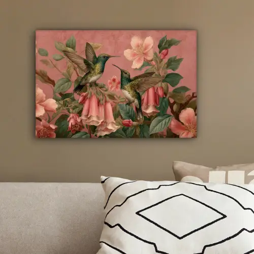 Kolibries - Bloemen - Groen - Roze canvas 2cm klein -sfeer3