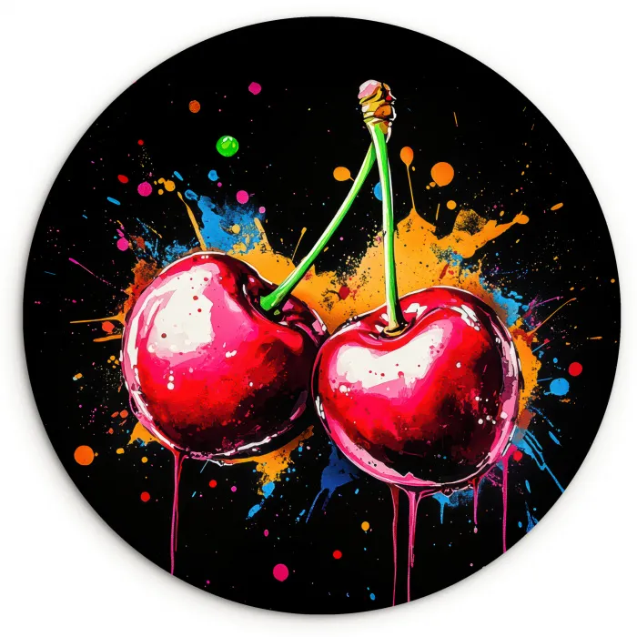 Kersen - Fruit - Graffiti - Verf - Abstract - Modern - Kleurrijk Wandcirkel plexiglas klein -3d