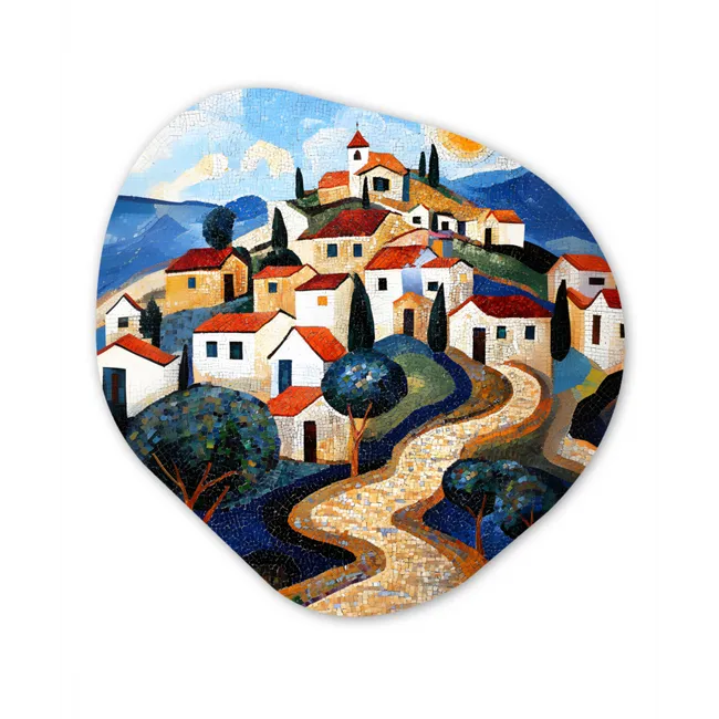 Dorp - Heuvelachtig - Zon - Mozaïek Wandcirkel Organisch Forex 3mm klein -3d