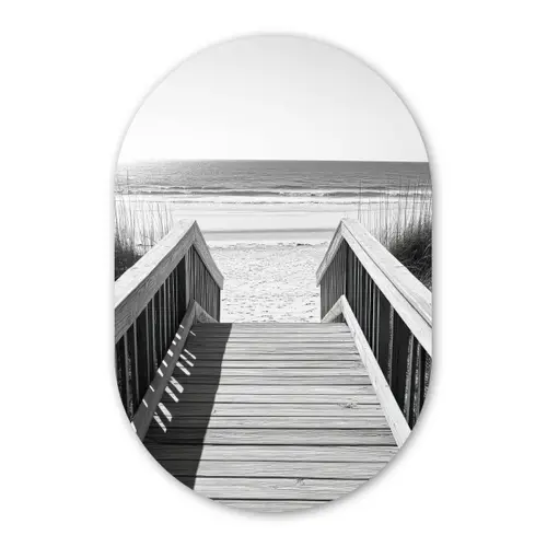 Loopbrug - Hout - Strand - Zee Wandcirkel Ovaal Glas middel -3d