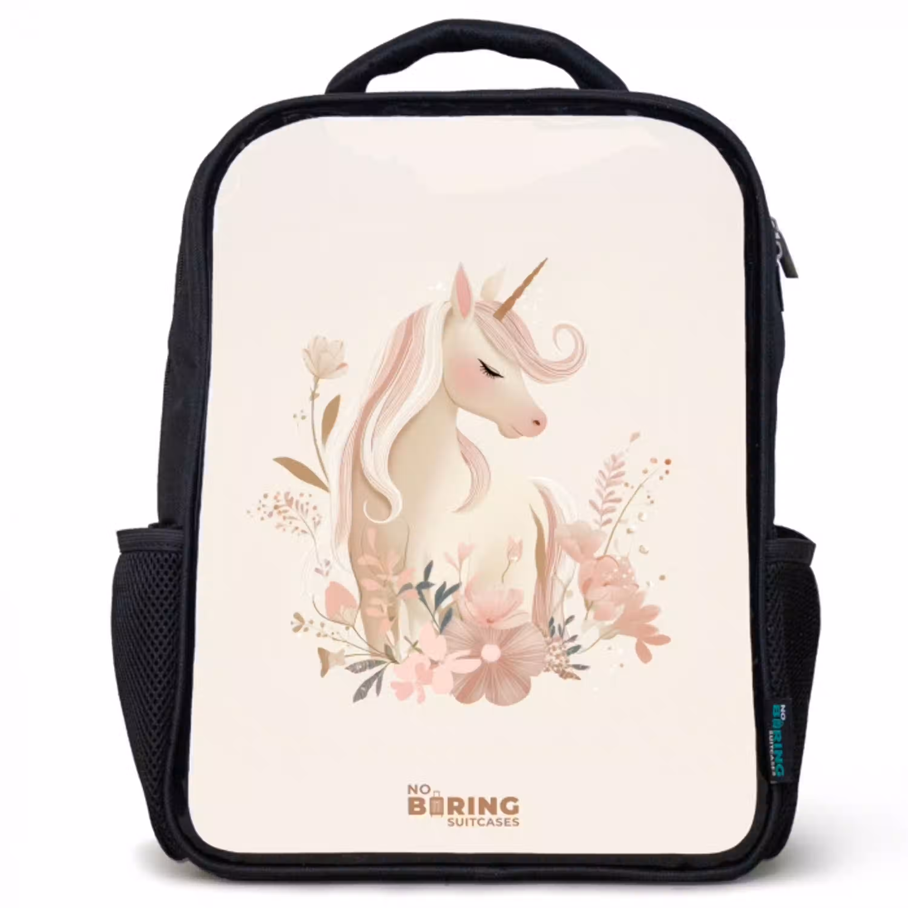 Eenhoorn tussen bloemen in roze pastel kleuren Rugzak - Zwart middel -3d