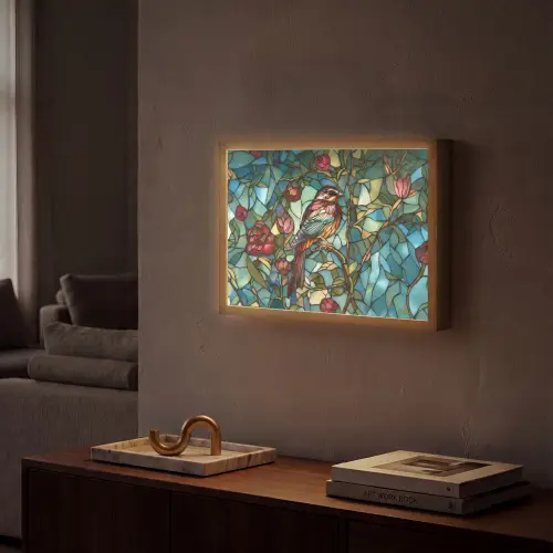 Vogel - Tak - Rozen - Mozaïek Light Box met batterij (Wandlamp) middel -sfeer1