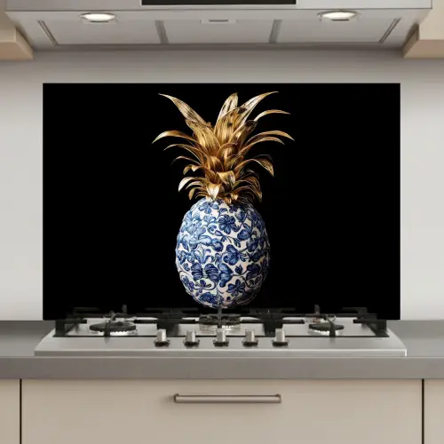 Ananas - Bloemen patroon - Goud - Delftsblauw keuken achterwand spatscherm klein -3d_website