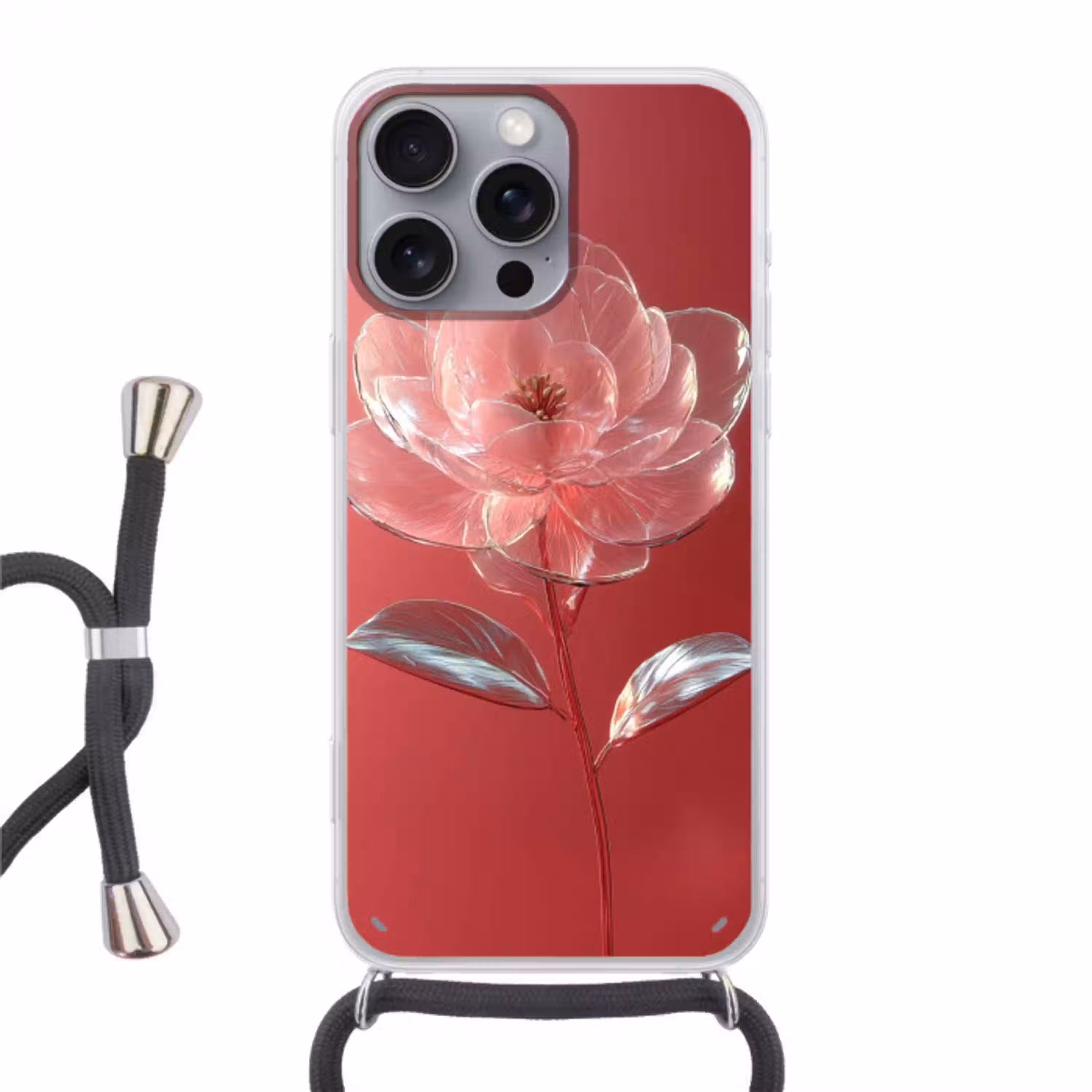 Sierlijk - Bloem - Roze - Glazen Hoesje iPhone 16 Pro Max met koord klein -3d