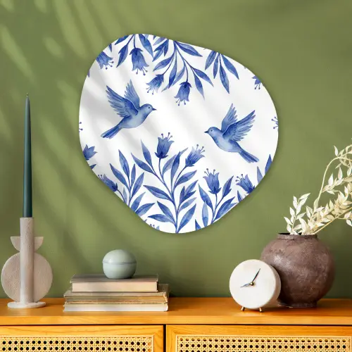 Modern - Vogels - Delfts - Blauw Wandcirkel Organisch Aluminium middel -sfeer2