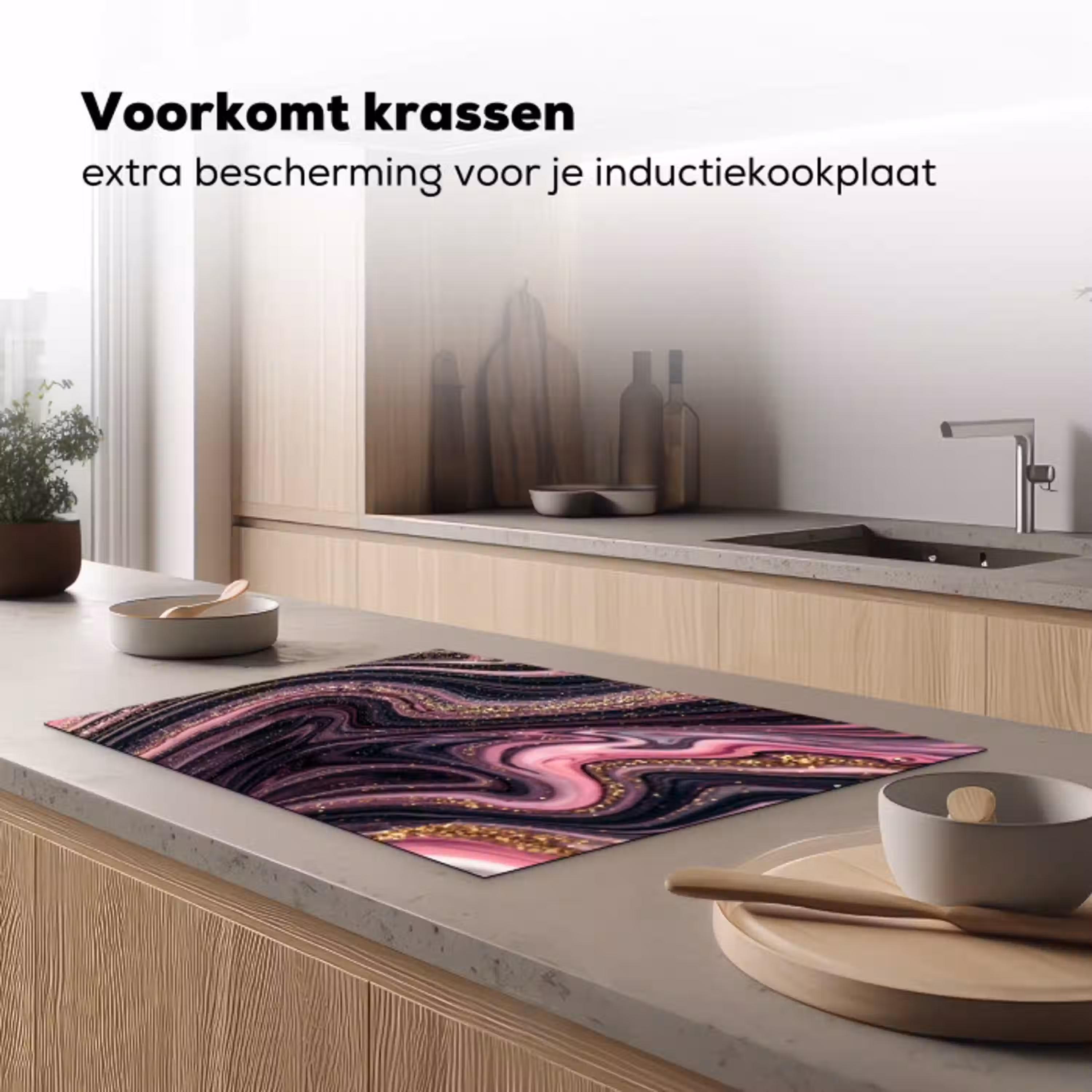 Marmerlook - Roze - Paars - Goud - Luxe - Marmer Inductie beschermer vinyl 3mm klein -sfeer1