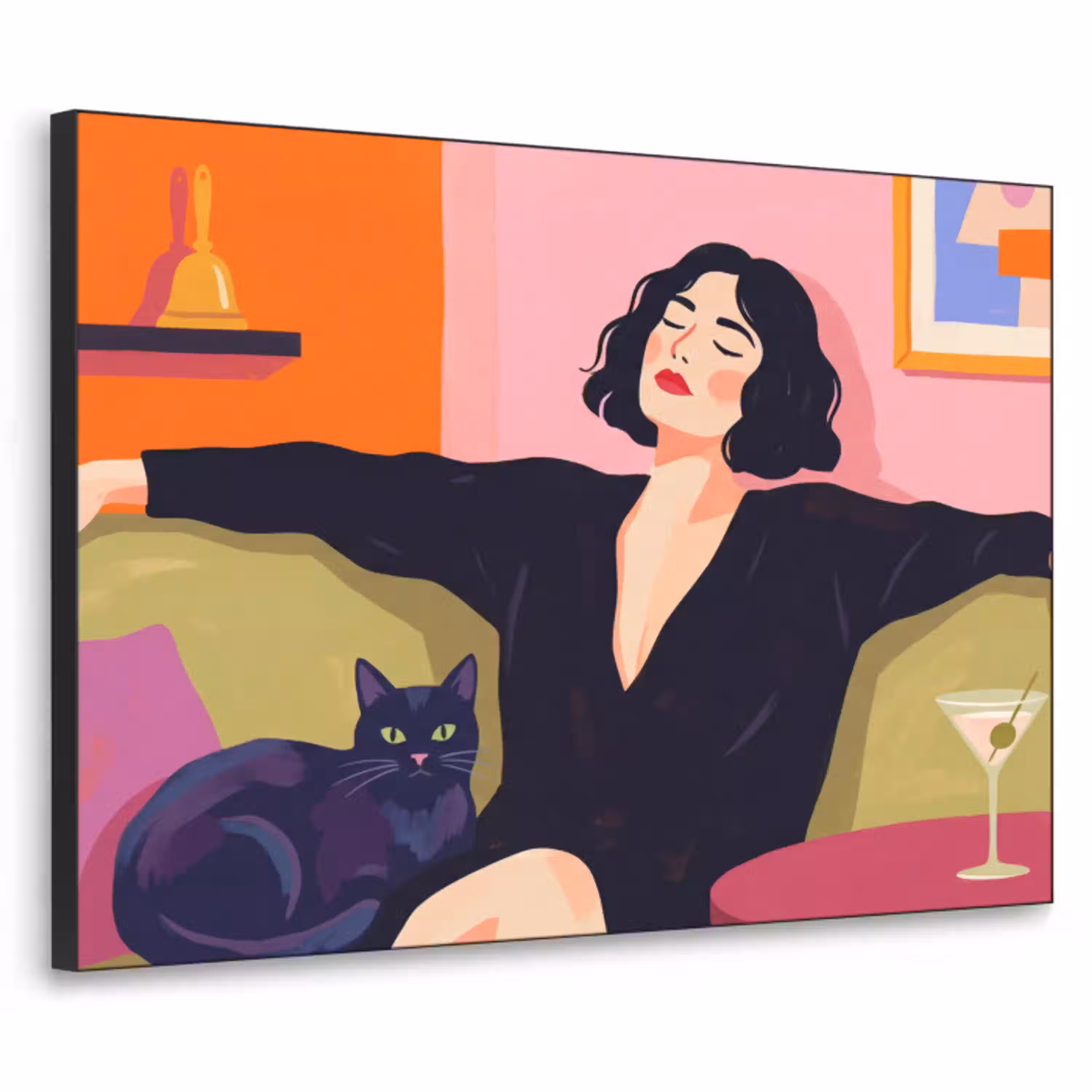 Vrouw - Kat - Interieur - Modern - Kleurrijk Textielframe zwart klein -3d