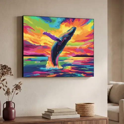Zonsondergang - Walvis - Geschilderd - Kleurrijk Textielframe - compleet frame klein -sfeer3