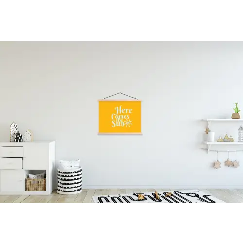 Geel - Blauw - Here comes the sun textielposter latten blank klein -kinderkamer