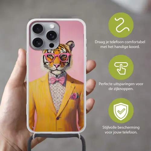 Tijger - Bril - Geel - Jasje Hoesje iPhone 16 Pro Max met koord klein -sfeer2_NL