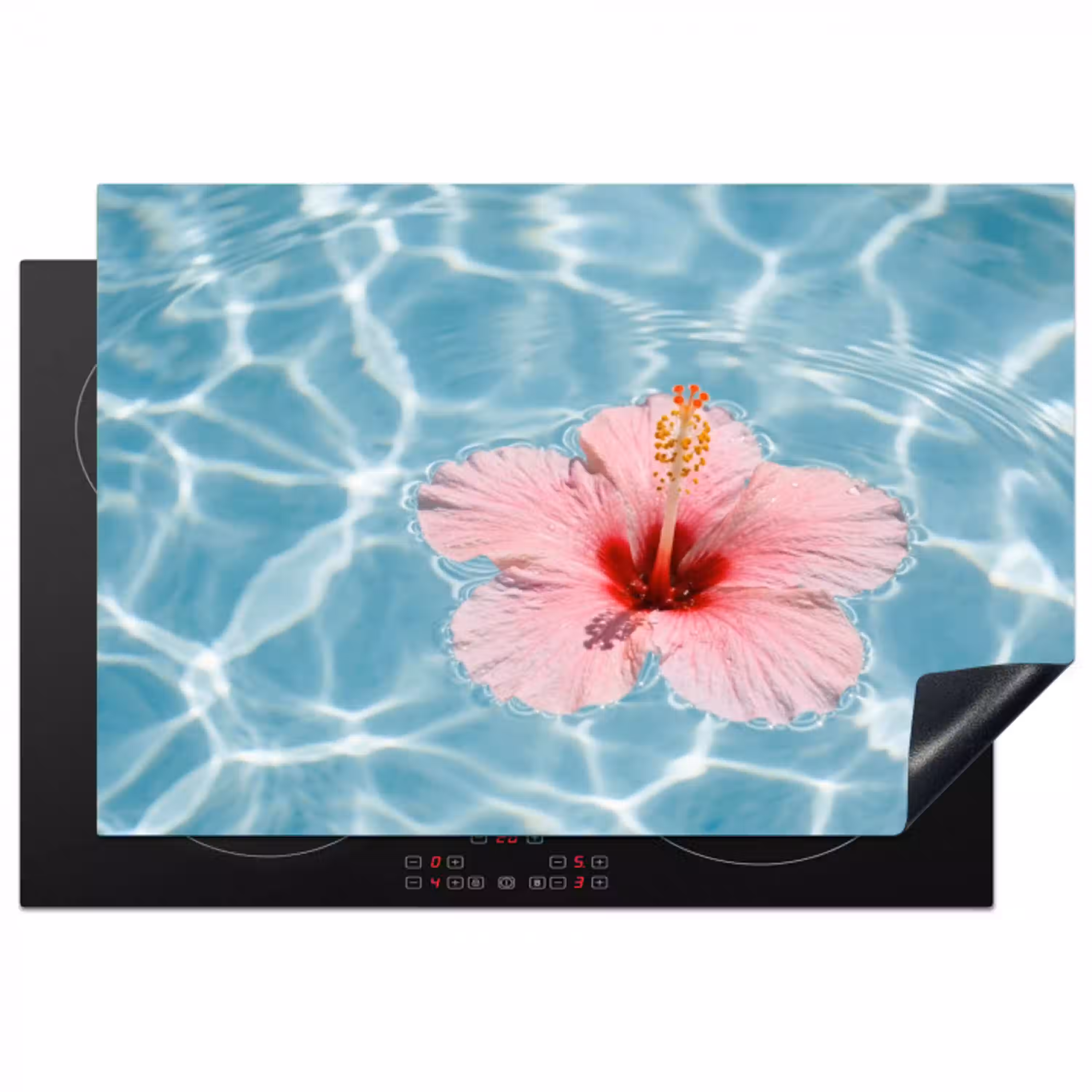 Hibiscus - Water - Roze Inductie beschermer vinyl 3mm klein -3d