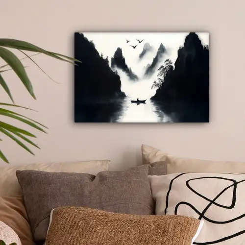 Roeiboot - Mistig - Bergen - Vogels canvas 2cm klein -sfeer1