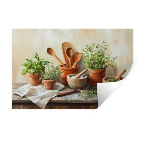 Potten - Kruiden - Hout Muursticker klein -3d