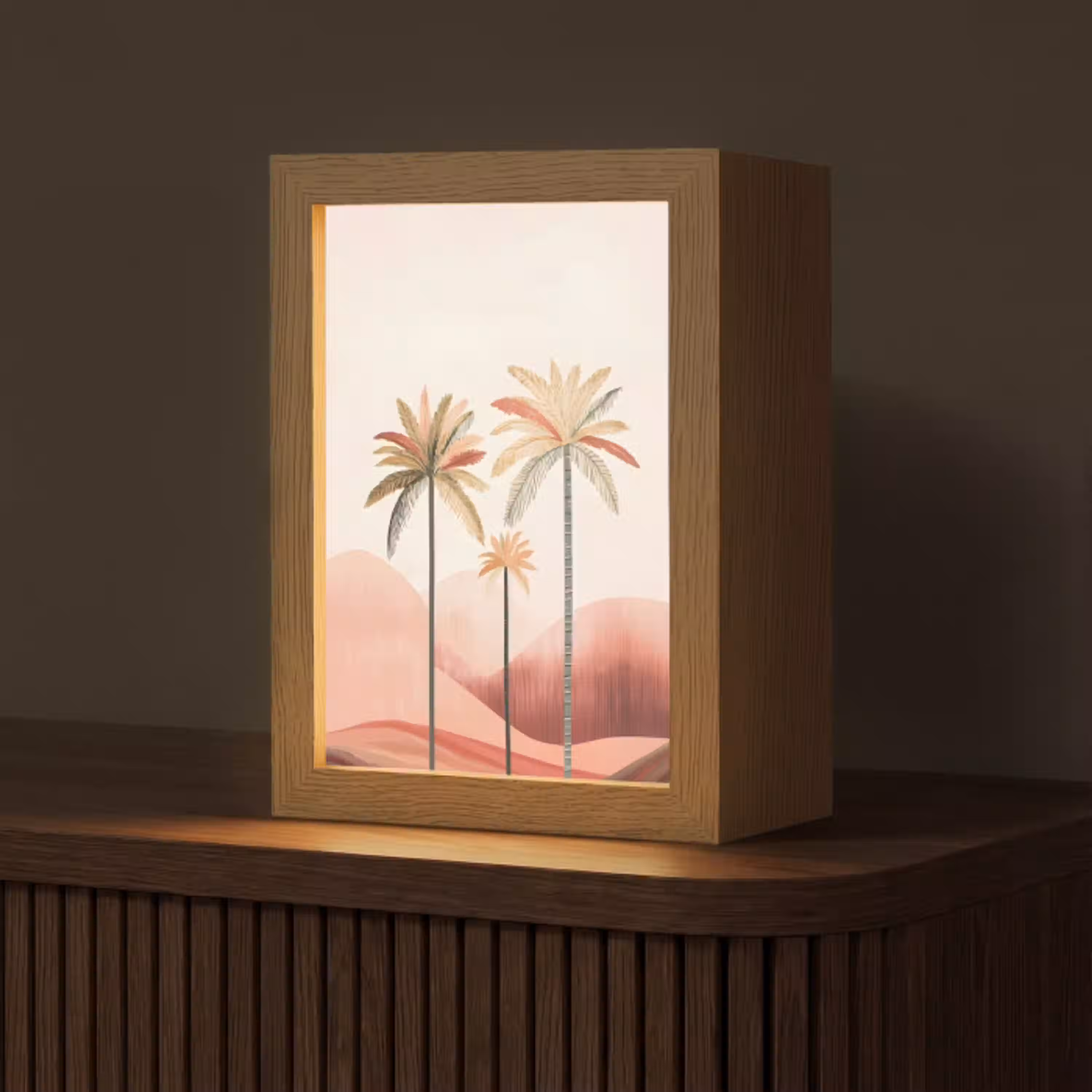 Palmbomen - Heuvels - Minimalistisch - Zachtroze Light Box met kabel (Tafellamp) klein -z3d_website