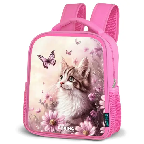 Kat - Paars - Vlinders - Bloemen Kinderrugzak - Roze middel -schuin