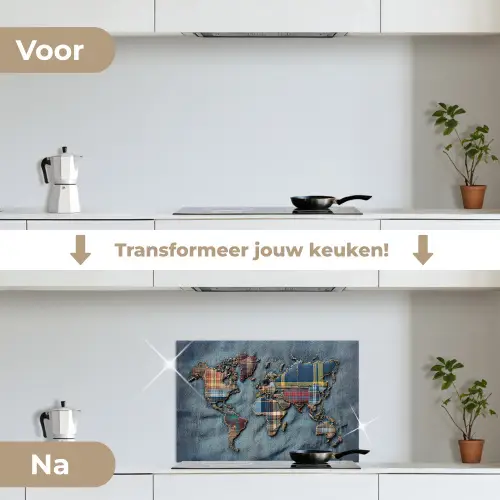 Wereldkaart - Denim - Textiel keuken achterwand spatscherm klein -voor_na_NL