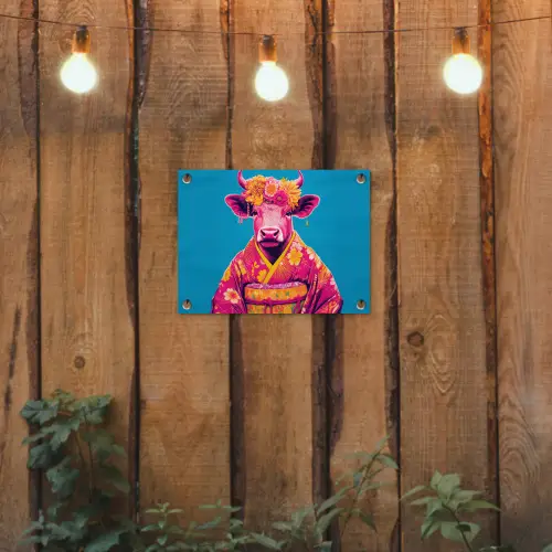 Koe - Bloemenkrans - Oorhangers - Kimono tuinposter los doek klein -sfeer1