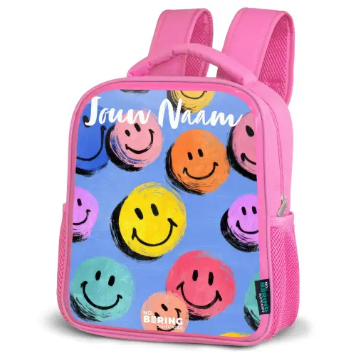 Een speels en kunstzinnig patroon van kleurrijke smileys Kinderrugzak - Roze middel -schuin