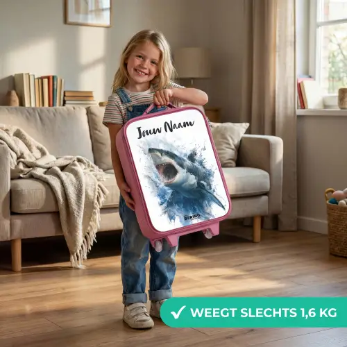Aanvallende haai in waterverf Kinderkoffer - Roze klein -sfeer2_NL