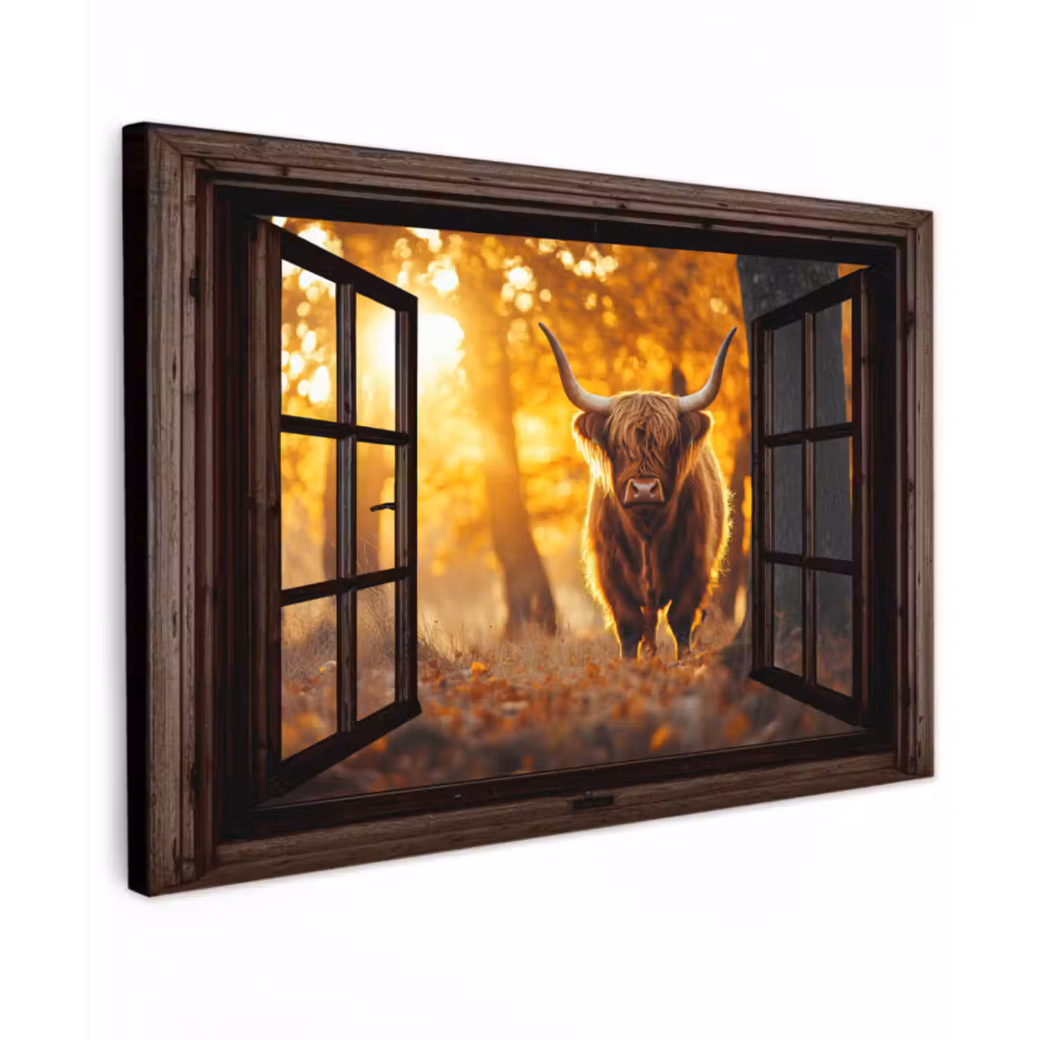 Outdoor Canvas Print - Scottish highlander - Forest - Autumn - Animals - Nature - Leaves - Look-through