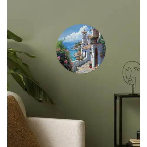 Huizen - Zee - Bomen - Bloemen Wandcirkel behangsticker klein -sfeer2