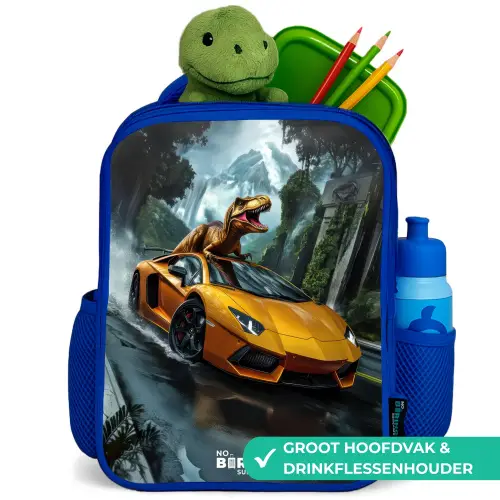 T-Rex op oranje sportauto in regenachtig woud Kinderrugzak - Blauw middel -inhoud_NL