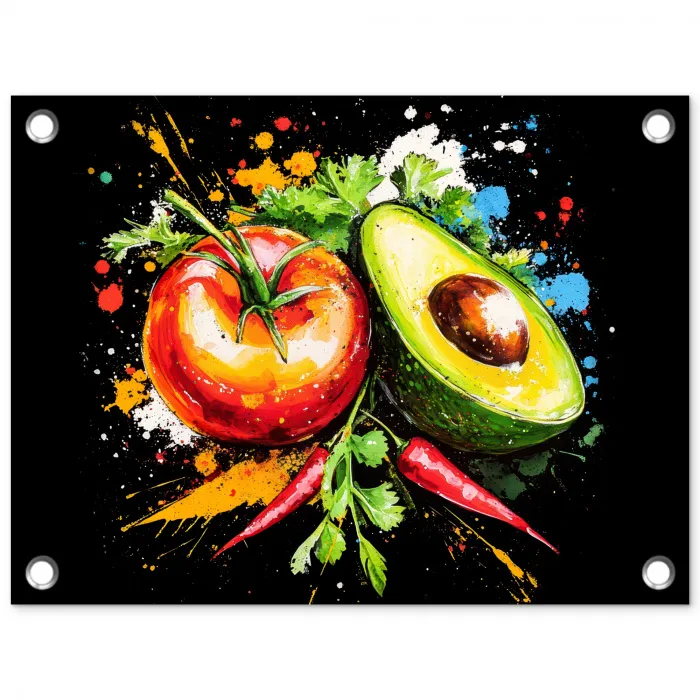 Tomaat - Avocado - Peper - Graffiti - Verf - Modern tuinposter los doek klein -3d