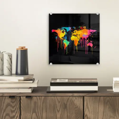 Wereldkaart - Verf - Kleurrijk - Graffiti - Wereld plexiglas 5mm klein -sfeer1