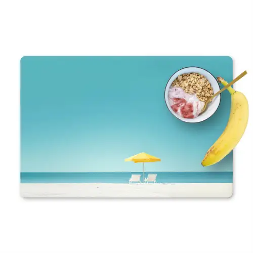 Strand - Blauwe lucht - Geel - Parasol Placemat vinyl groot -zzzproduct_Kitchenyeah-website