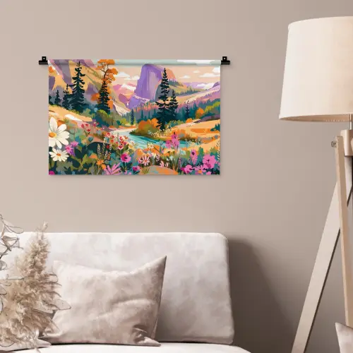 Rivier - Vallei vol bloemen - Levendig Wandkleed katoen klein -sfeer4