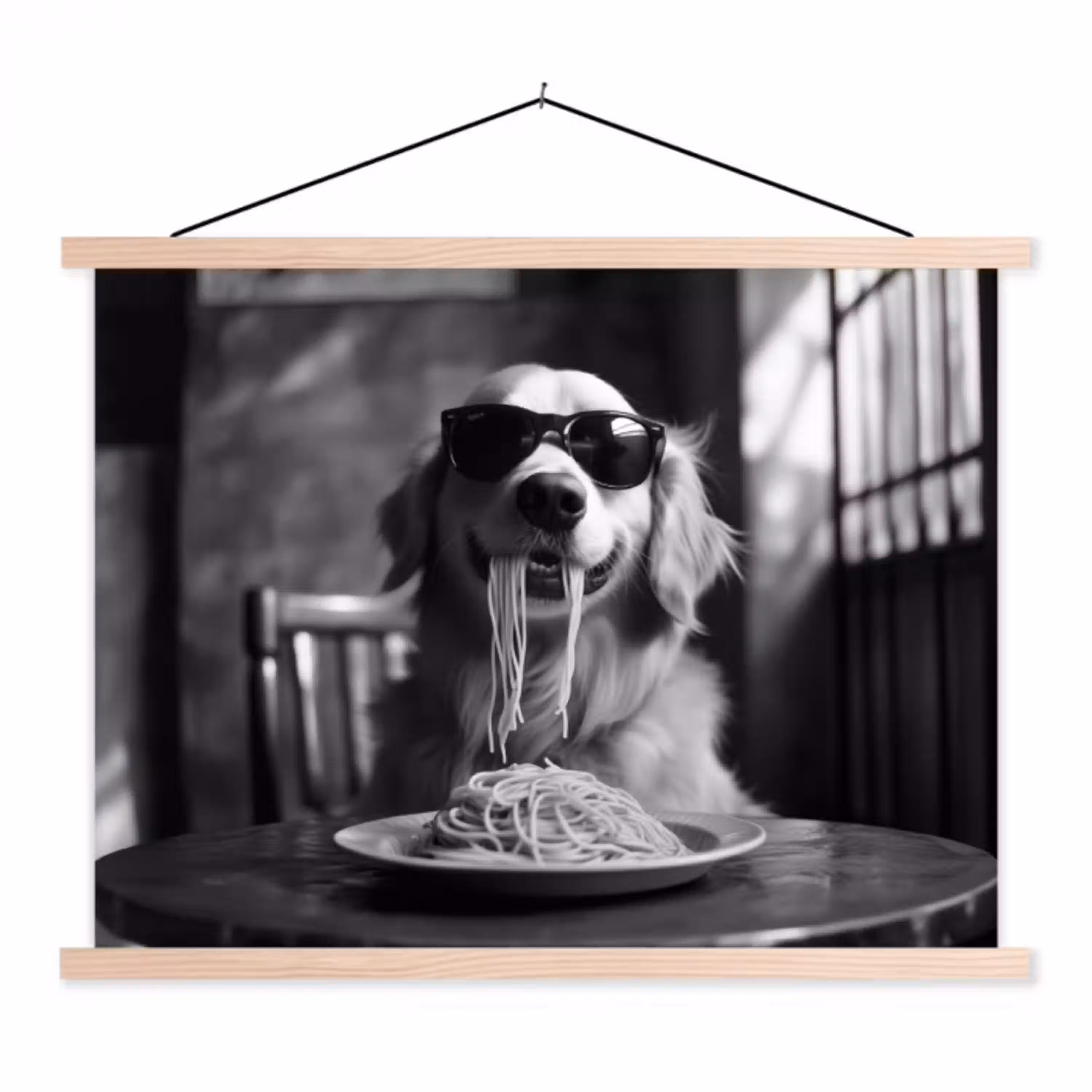 Golden Retriever - Hond - Vrolijk -  Bord spaghetti - Zwart - wit textielposter latten blank klein -3d