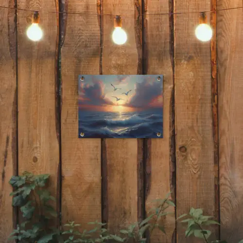 Meeuwen - Zonsondergang - Zee - Wolken tuinposter los doek klein -sfeer1