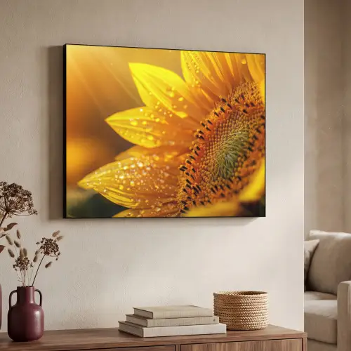Zonnebloem - Dauwdruppels - Geel - Zonlicht Textielframe - compleet frame klein -sfeer3
