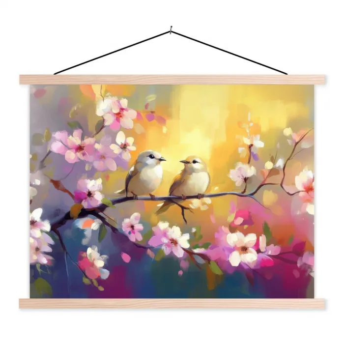Vogels - Bloemen - Roze textielposter latten blank klein -3d