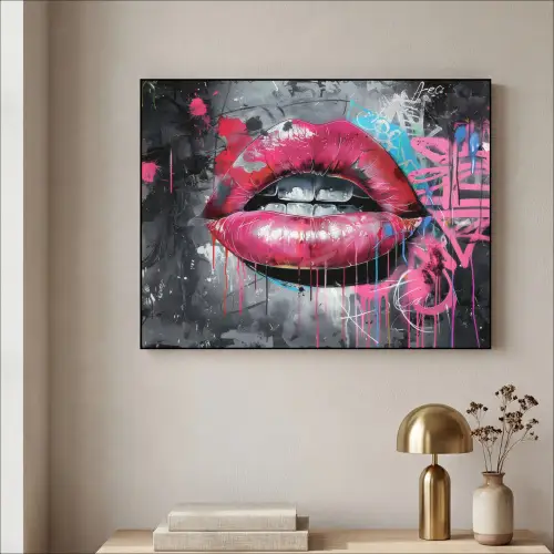 Lippen - Felroze - Graffiti - Verfstrepen Textielframe zwart klein -sfeer2