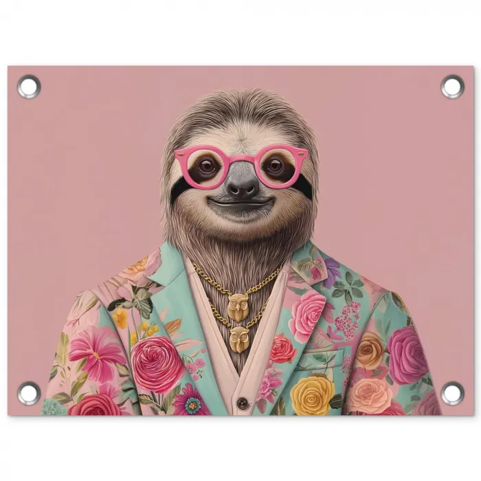Luiaard - Bloemenprint - Bril - Roze tuinposter los doek klein -3d