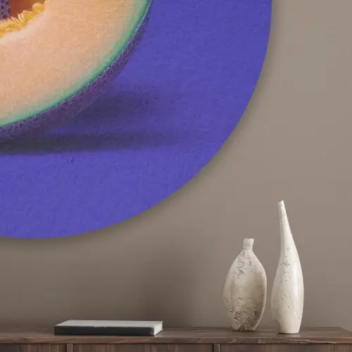 Meloen - Blauw - Oranje - Kunstzinnig Akoestische PET Vilt - Rond klein -sfeer5_closeup