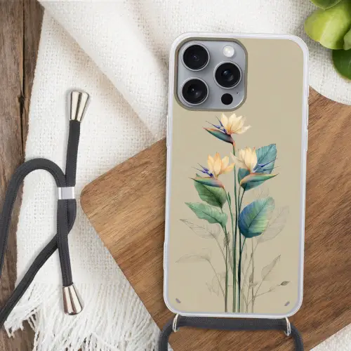 Paradijsvogelbloemen - Blauwgroene bladeren - Beige Hoesje iPhone 16 Pro Max met koord klein -sfeer4