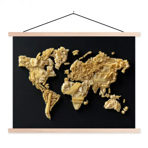 Wereldkaart - Specerijen - Kleurrijk textielposter latten blank klein -3d