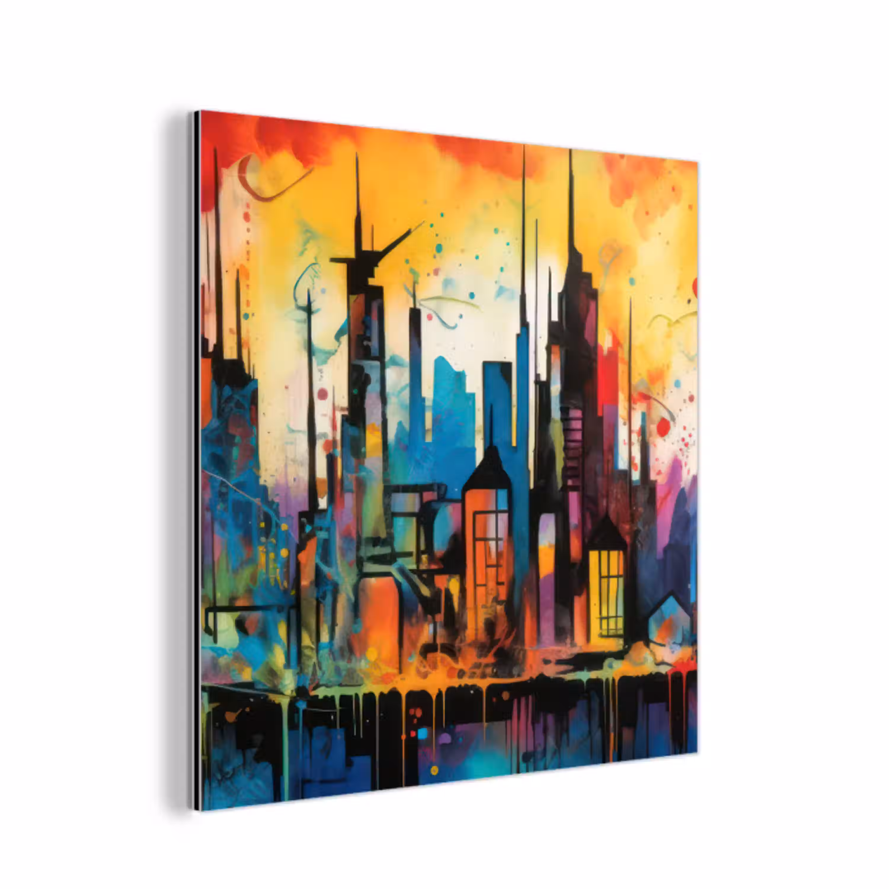 Neon Skyline - Graffiti - Kleurrijk - Gebouwen aluminium wit klein -3d